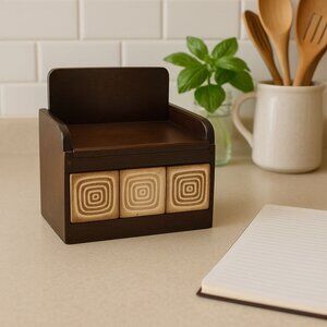 Vintage Rosenthal Netter Wood Recipe Box MCM 3x5 Card Holder Ceramic Tile Front
